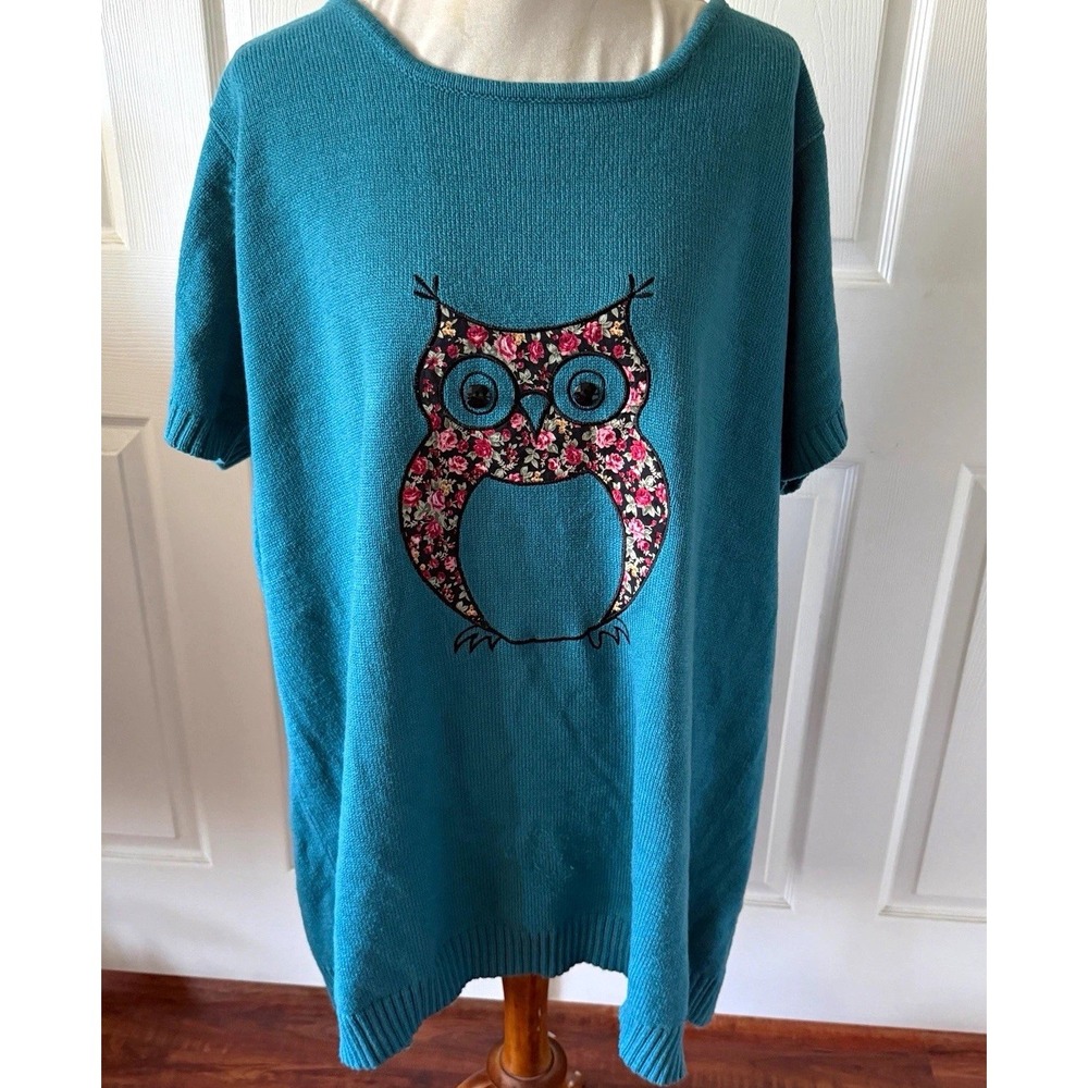 Joe Browns Plus Size 28 30 Teal Owl Sweater Tunic Floral Applique Bow Back